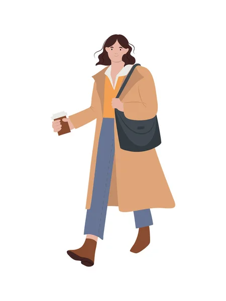 Mujer Dibujada Mano Ropa Casual Caminando Con Café Ilustración Vectorial — Vector de stock
