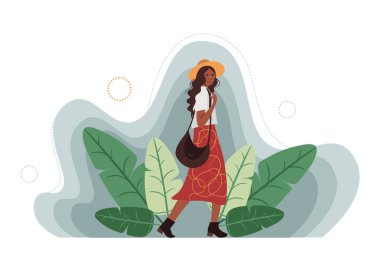 Yeşil yapraklarla süslenmiş ve gökyüzü mavisi soyut arka plan ile süslenmiş boho tarzı yaz kıyafetleri içinde güzel bir siyahi kadın. Düz biçim vektör illüstrasyonu