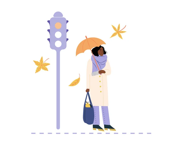 Dama Dibujada Mano Con Paraguas Esperando Que Los Semáforos Crucen — Vector de stock