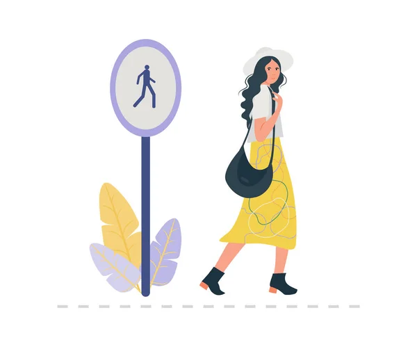 Mujer Hermosa Dibujada Mano Ropa Femenina Cruzando Calle Ilustración Vector — Vector de stock