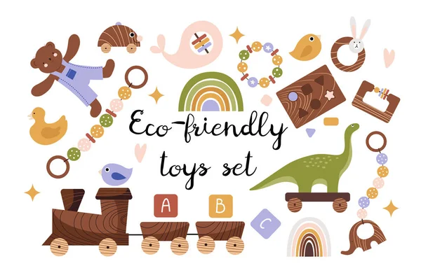 手绘一套不同的木制生态玩具 供婴儿和幼儿使用 平面风格的孤立向量图解 — 图库矢量图片