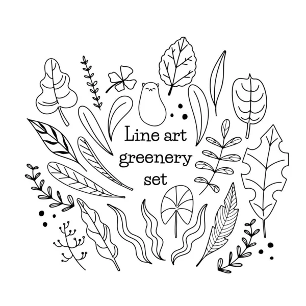 Linea Disegnata Mano Arte Doodle Verde Piante Set Isolato Sfondo — Vettoriale Stock