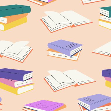 Öğrenme ve eğitim için, yığınla kitap ve kitapla el çizimi, pürüzsüz şablon