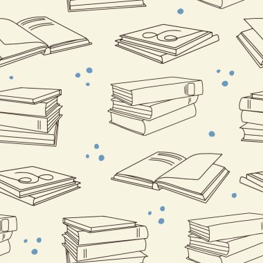 Çizgi sanatı tarzında kitap yığınları ve ders kitaplarıyla el çizimi vektörsüz desen
