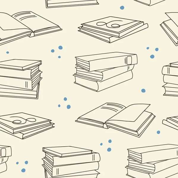 Hand drawn vector seamless pattern with stacks of books and textbooks in line art style