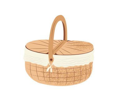 Hand drawn closed straw oval shape picnic basket in flat cartoon style, isolated on white vector illustration with grainy texture