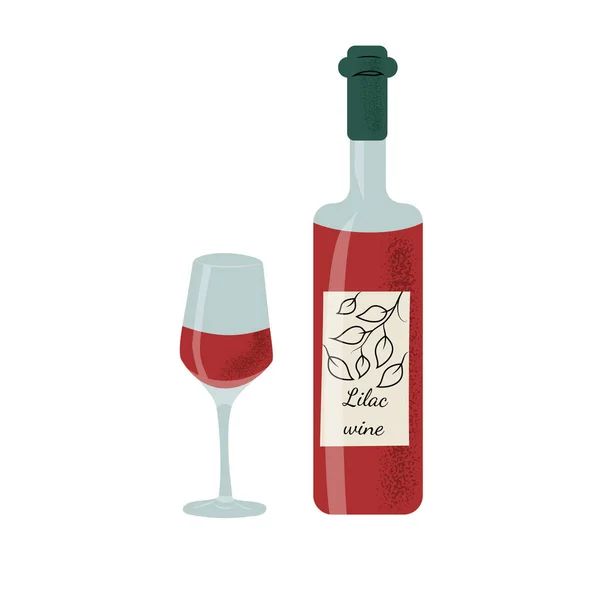 Hand Drawn Wine Bottle Wine Glass Isolated Vector Illustration Flat — Vetor de Stock