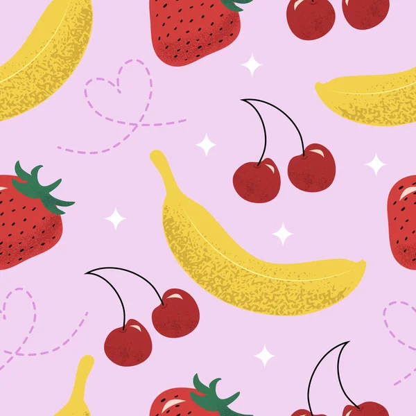 Handgetekende Vector Naadloos Patroon Met Fruit Bessen Bananen Kersen Aardbeien — Stockvector