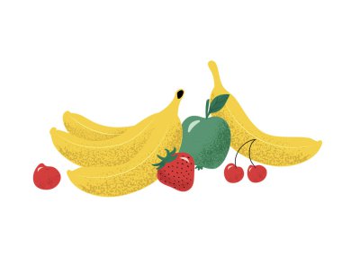 Farklı olgun meyvelerle kompozisyon, düz şekilli el çizimi vektör çizimi, kumlu desenli, beyaz arkaplanda izole edilmiş.