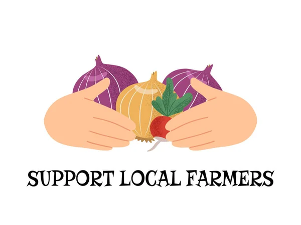 Human hands holding onion bulbs and a radish, with text Support Local Farmers. Hand drawn vector illustration in flat style with vegetables, poster isolated on white