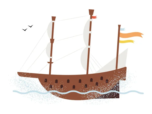 Hand Drawn Cute Old Frigate Ship Sails Flags Water Splashes — Vector de stock