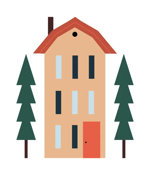 Simple Cute Scandinavian Style House Minimalistic Building Fir Trees Isolated — стоковый вектор