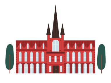 El yapımı eski bina, üniversite, müze ya da kütüphane. Gotik tarzda Avrupa kırmızı tuğla binası. Beyaz vektör illüstrasyonunda izole