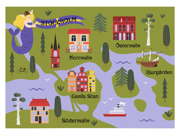 Hand drawn cute map or postcard of Stockholm, Sweden. Cozy houses and ships,  funny mermaid with Swedish flag. Flat style vector illustration on white background