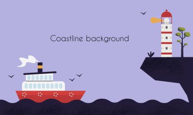 Template for text or greetings with coastline scene background with lighthouse on the cliff and ferry ship in the water. Flat style vector illustration