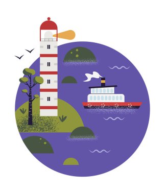 Hand drawn cute scenery with coastal lighthouse and ferry ship. Colorful maritime icon. Isolated on white background vector illustration
