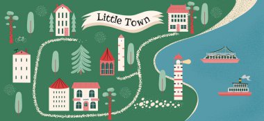 Hand drawn cute childish map with little town on the coastline. Flat Scandinavian style buildings vector illustration