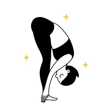 Hand drawn in line woman making a back stretch by bending down, yoga asana vector illustration isolated on white 