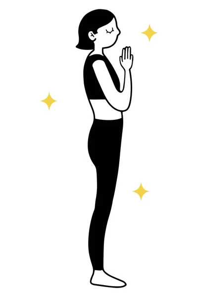 Hand Drawn Black Line Woman Finishing Yoga Practise Pose Hands — ストックベクタ
