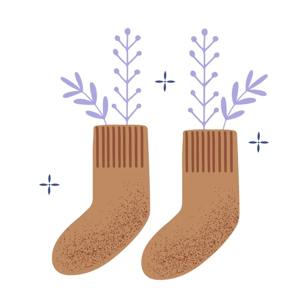 Cute Socks Winter Plants Isolated White Vector Illustration Grainy Texture — Image vectorielle