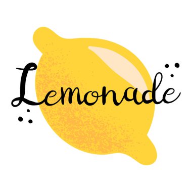 Hand drawn lemon fruit and grainy texture. Calligraphic text Lemonade. Isolated on white vector illustration in flay style