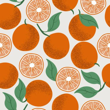 Hand drawn vector seamless pattern with juicy oranges with green leaves