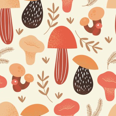 Hand drawn vector seamless pattern with cute mushrooms