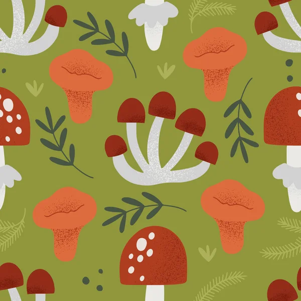 Hand Drawn Vector Seamless Pattern Autumn Season Different Mushrooms — Archivo Imágenes Vectoriales