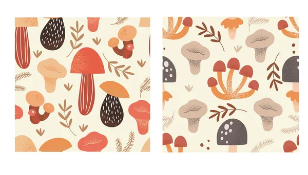 Set Two Cute Hand Drawn Vector Seamless Patterns Different Mushrooms — Archivo Imágenes Vectoriales