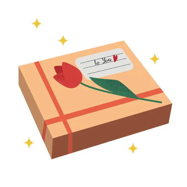 Caixa Presente Linda Com Fita Vermelha Uma Flor Presente Para — Vetor de Stock