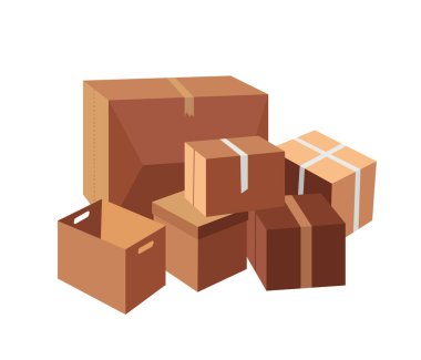 Kahverengi kutular yığını, eşyaları taşımak ve ev ya da ofis taşımak için, düz bir şekilde beyaz vektör illüstrasyonunda izole