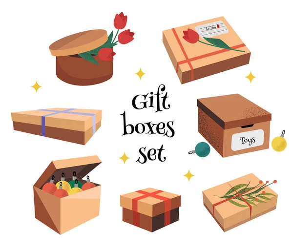 Set Von Schönen Handgezeichneten Geschenk Und Aufbewahrungsboxen Aus Karton Dekorative — Stockvektor