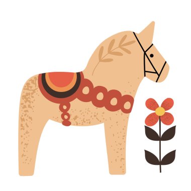 El çizimi İsveç Dala atı, botanik elementlerle, düz bir şekilde beyaz vektör illüstrasyonunda izole edilmiş.