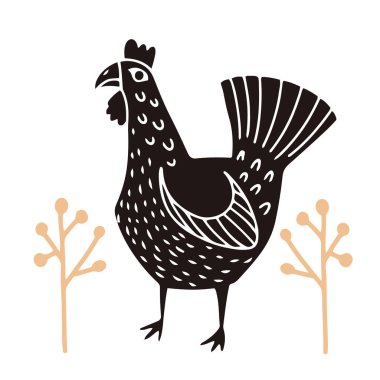 Çimlerin üzerinde duran siyah orman tavuğu, linocut stiliyle çizilmiş el, desenli siluet vektör çizimi, beyaz üzerine izole edilmiş.