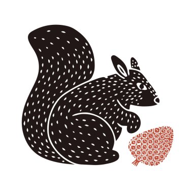 Little textured squirrel with pine cone hand drawn in linocut or woodcut style, silhouette vector illustration, isolated on white background clipart