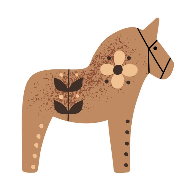Handgetekende Bruine Kleur Zweedse Dala Paard Met Korrelige Textuur Bloemen — Stockvector