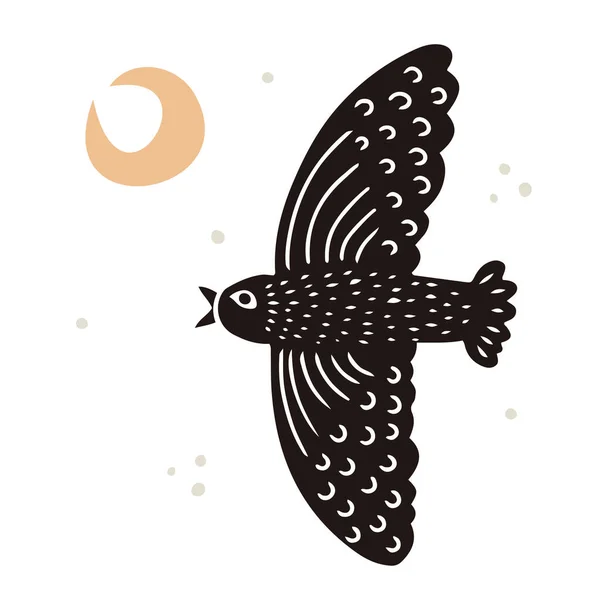 Handgezeichneter Fliegender Kindischer Vogel Mit Mondsichel Linolschnitt Stil Strukturierte Silhouetten — Stockvektor
