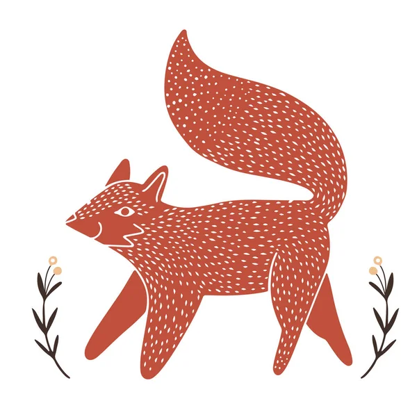 Ručně Kreslené Roztomilé Červené Lišky Linokut Stylu Techniky Texturované Silueta — Stockový vektor