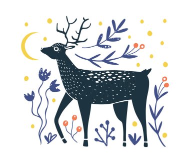 Çiçekler ve bitkilerle süslenmiş linocut tarzı geyik desenli güzel bir kart ya da poster. Peri masalı vektör çizimi 