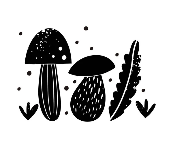 Funghi Forestali Disegnati Mano Stile Linocut Poster Illustrazione Vettoriale Della — Vettoriale Stock