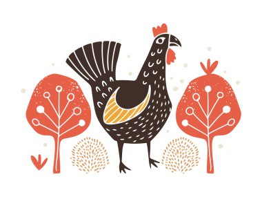 Çalılıklarda horoz resmi olan sevimli bir el yazısı ya da poster. Linocut biçiminde vektör illüstrasyonu