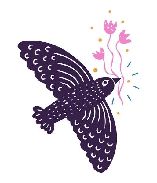 Handgezeichnete Grußkarte Linolschnitt Stil Mit Fliegendem Vogel Blumen Schnabel Isoliert — Stockvektor