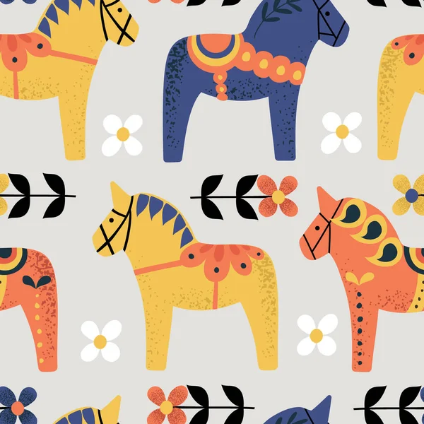Handgetekende Vector Naadloos Patroon Met Zweedse Dala Paarden Met Ornamenten — Stockvector