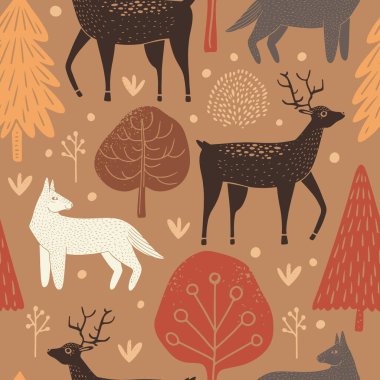 Ormanda geyik ve kurtlarla el çizimi kusursuz bir şekil.