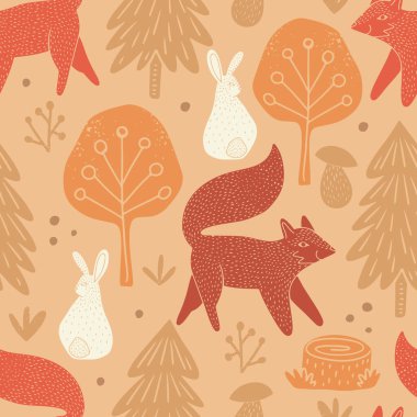 Ormanda tilkiler ve tavşanlarla sevimli, çocuksu, pürüzsüz bir düzen.