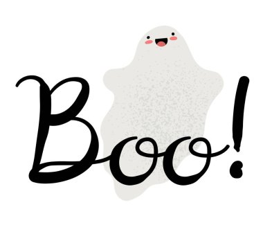 Mevsimsel selamlaşmalar için Boo 'ya mesaj atan sevimli, küçük bir hayalet. Düz biçimli vektör illüstrasyonu