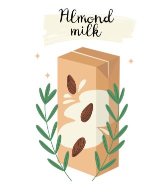 Bitki bazlı badem sütü paketi, bitkilerle süslenmiş, beyaz arkaplan vektörü illüstrasyonunda izole edilmiş.