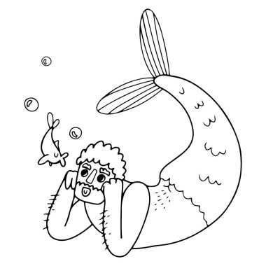 Sakallı ve kıllı elli sevimli ve komik deniz adamı hayal kuruyor ve balık izliyor. İzole edilmiş çizgi karalama biçimi vektör çizimi