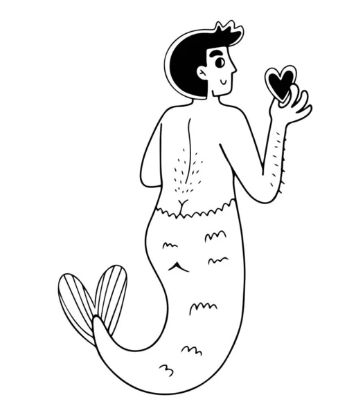 Bonito Tímido Gay Merman Segurando Coração Isolada Mão Desenhada Ilustração — Vetor de Stock