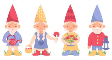 Set of garden gnomes or dwarfs holding watering can, mushrooms, flowers, lantern. Fairy tale fantastic characters on white background. clipart